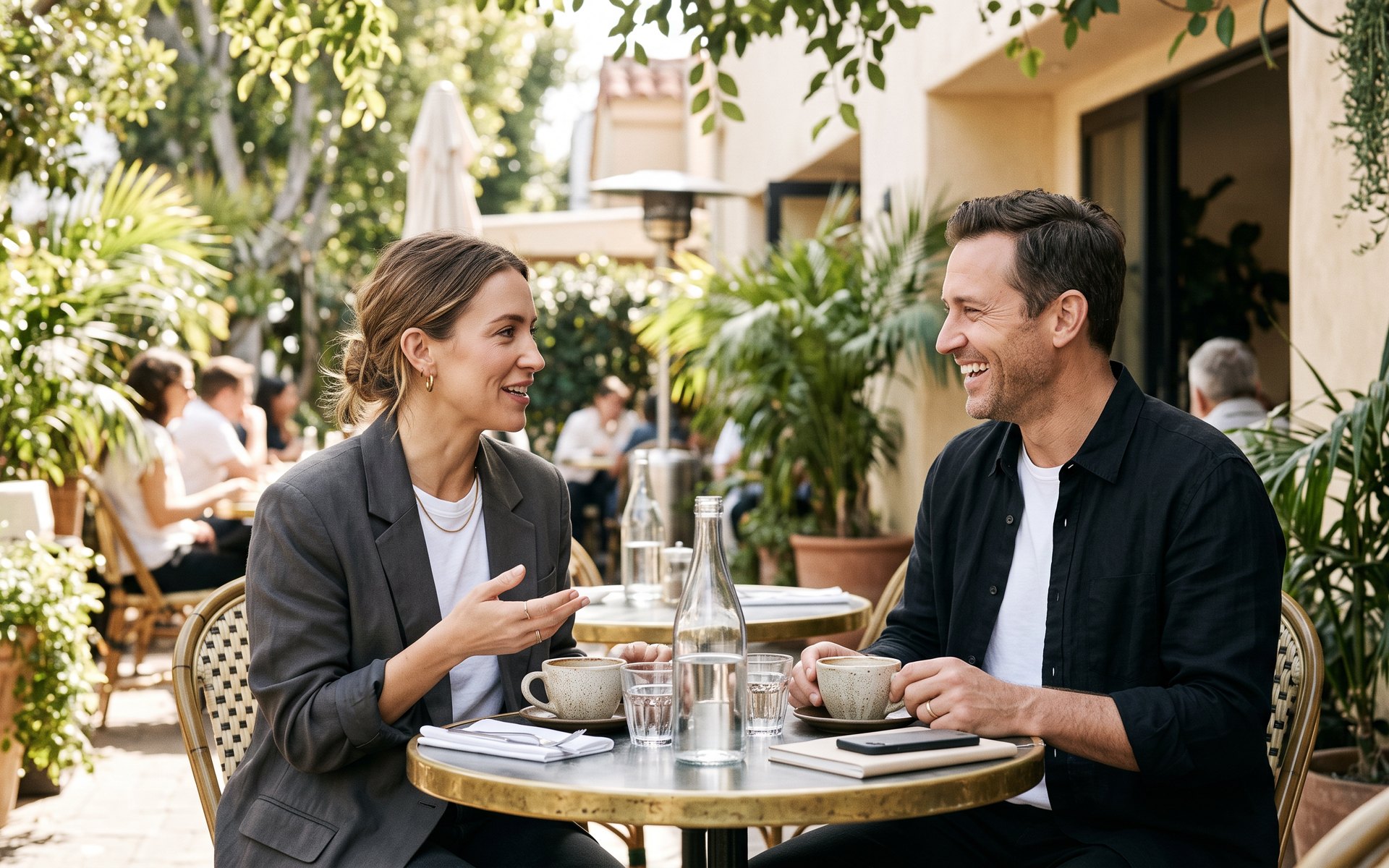 Brand ambassador chatting with a returning customer at a sunlit cafe