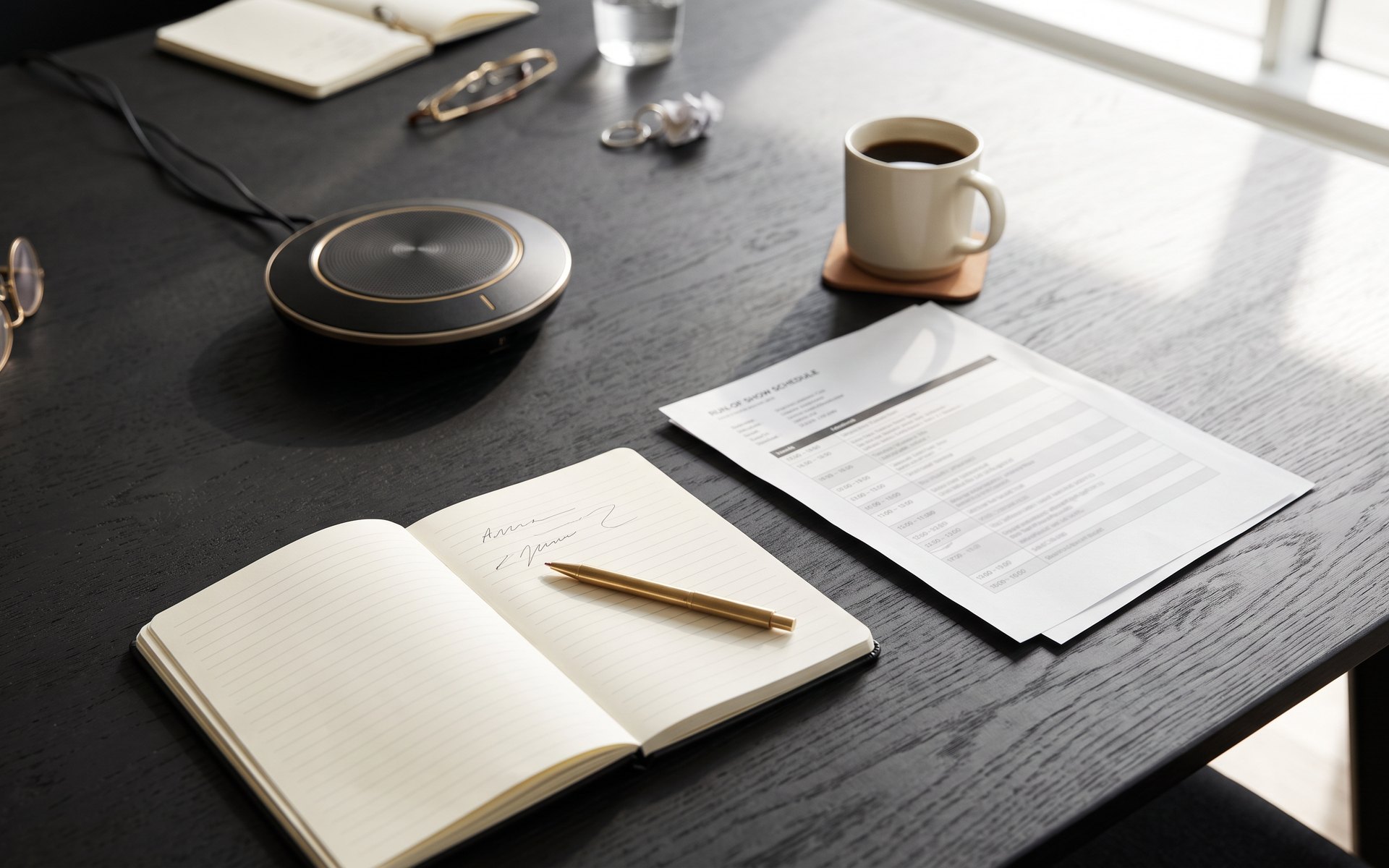 Meeting table with notebook, coffee and a run-of-show schedule