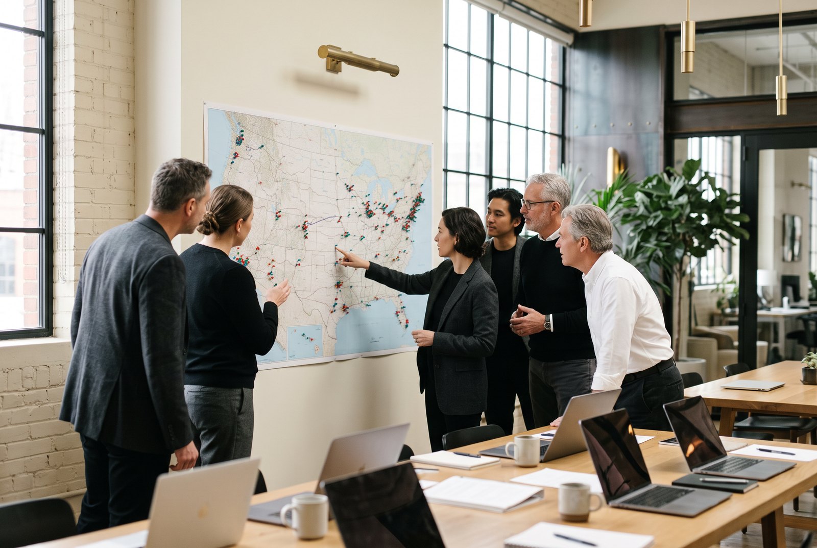 Field operations team planning ambassador deployment around a city map