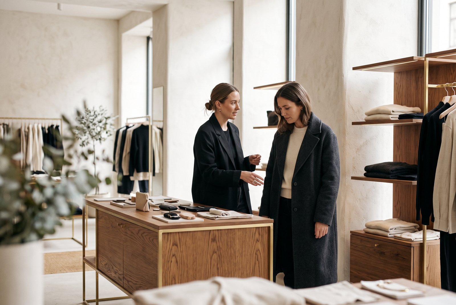 Two retail strategists reviewing a pop-up concept inside a bright boutique space