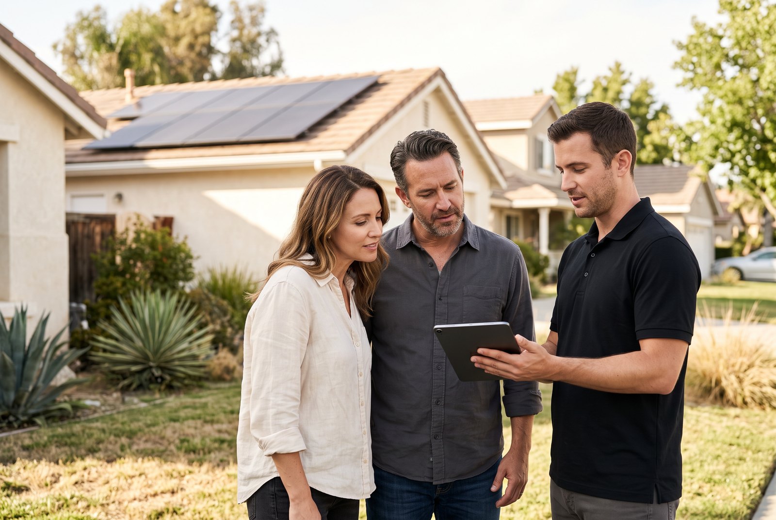 Solar advisors talking with a couple outside their home in Los Angeles
