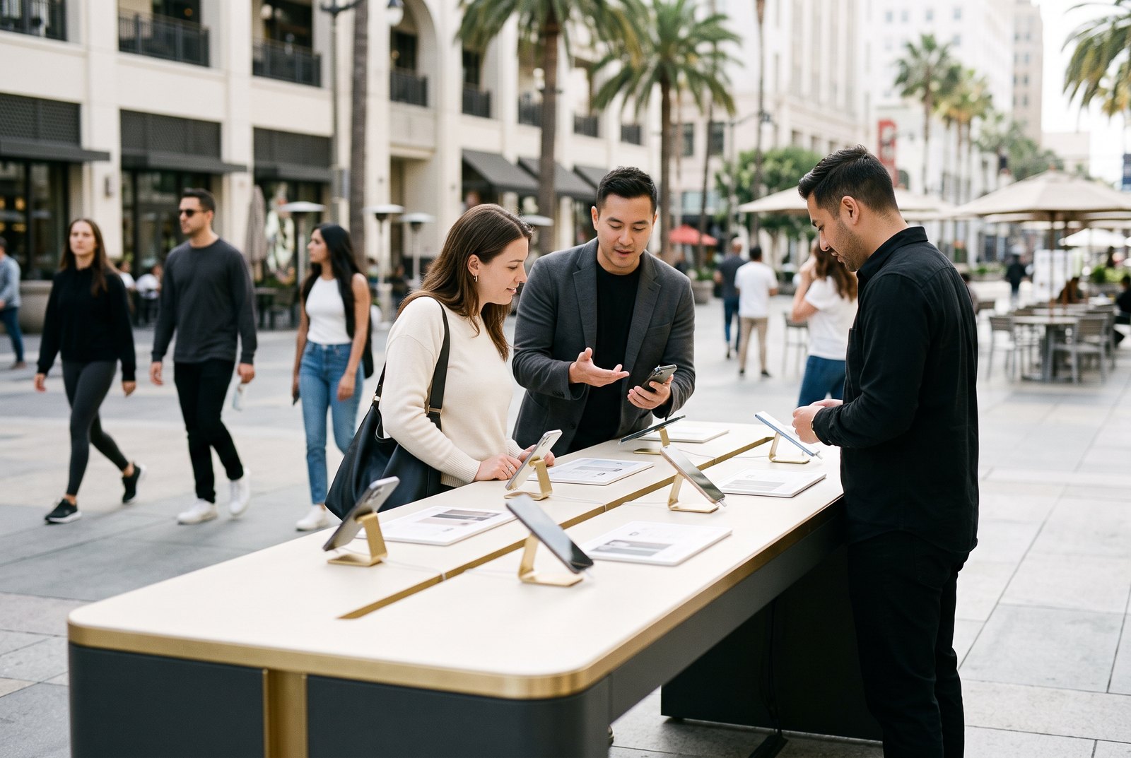 Telecom activation counter on a Los Angeles shopping street with customers